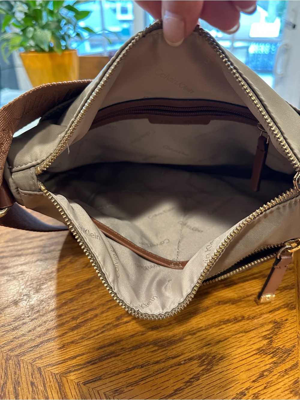 Calvin Klein Taupe Nylon Crossbody with Brown Strap - Picture 6 of 7